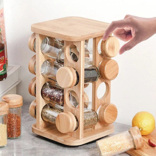 Organisateur d’épices rotatif en bambou – 12 à 20 pots